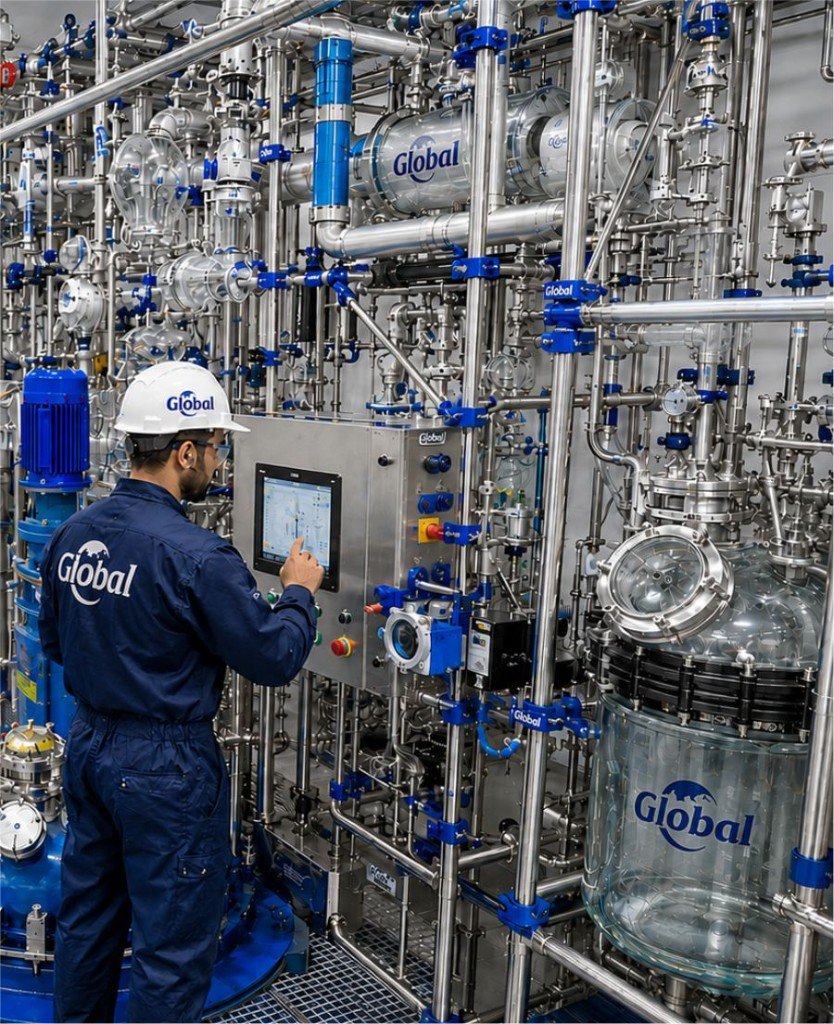 Global Lindus technician operating process plant control panel